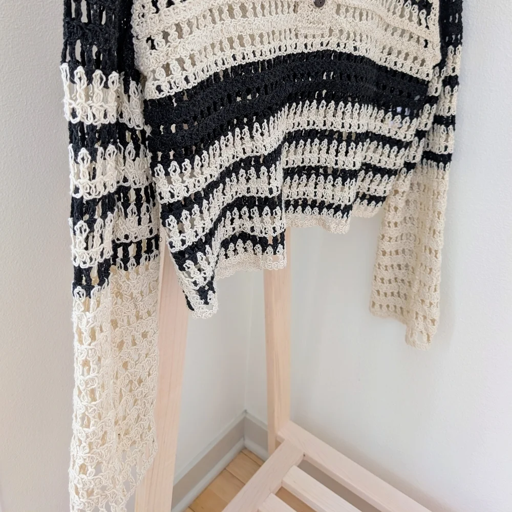 Zara Crochet Open Knit Striped Collared Henley Top In Black/Ivory